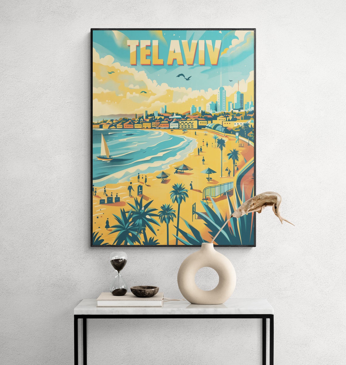 Tel Aviv Beach Umbrellas and City Skyline Vintage Travel Poster - Image 3