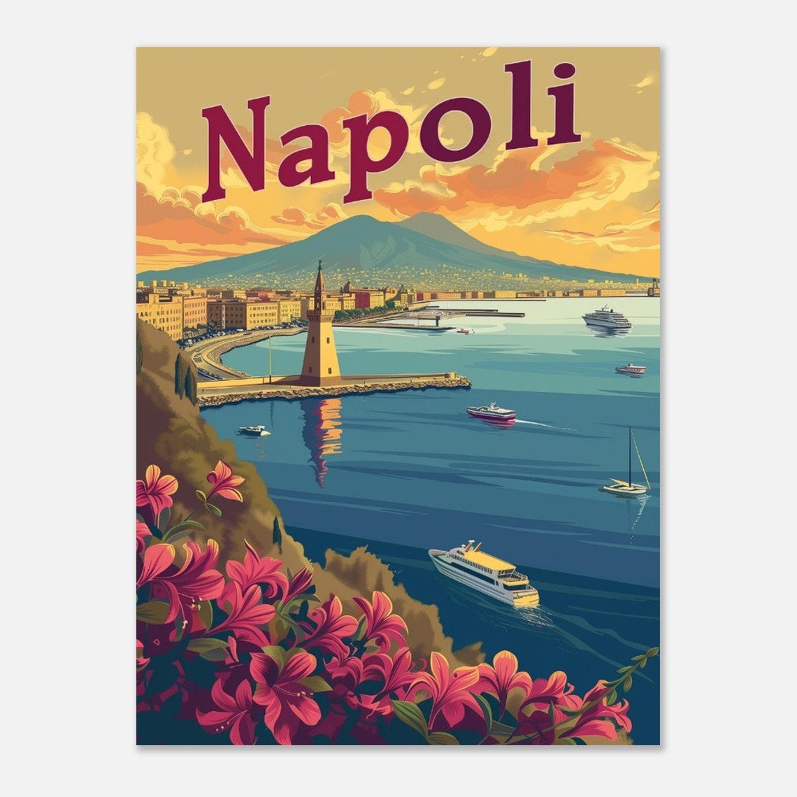 Napoli Bay Vesuvius Lighthouse Vintage Italian Coast Poster Art - Image 2