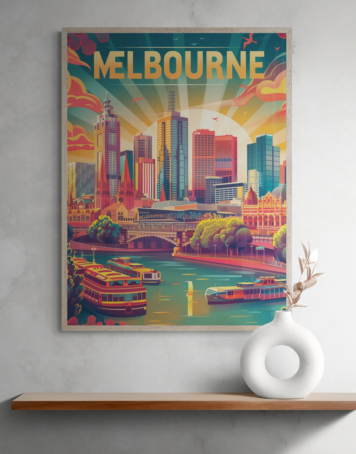 Melbourne City Skyline and River Boats Vintage Urban Travel Poster - Image 3