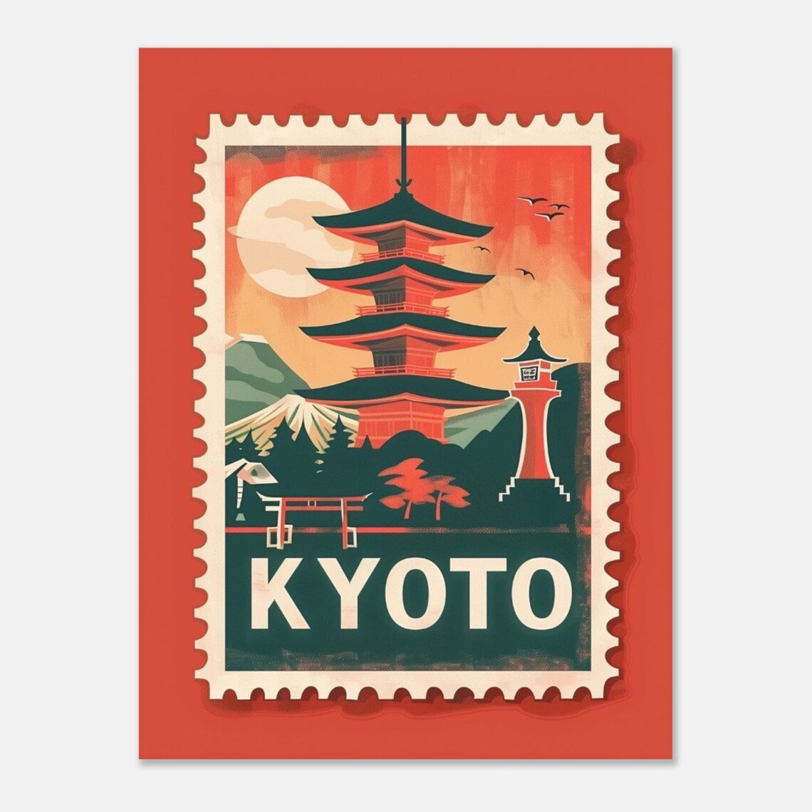 Kyoto Japan Five Story Pagoda Moon Vintage Travel Stamp Poster - Image 2
