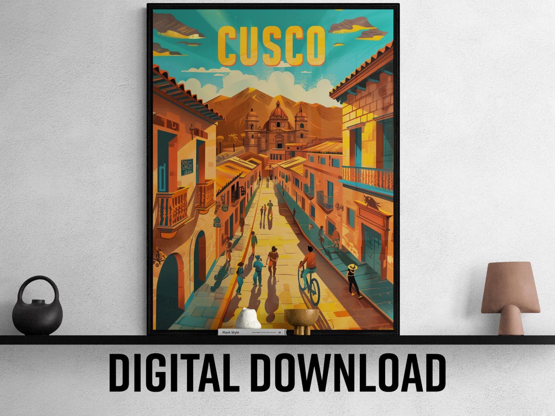 Cusco Peru Colonial Street Toward Church Andes View Travel Poster