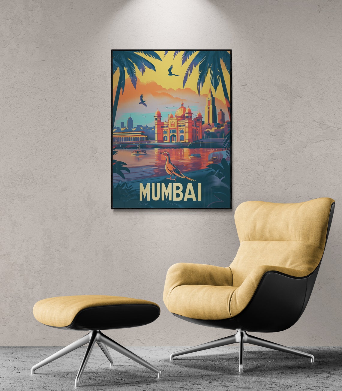 Mumbai Waterfront Palace Bird Sunset Retro India Travel Poster - Image 3