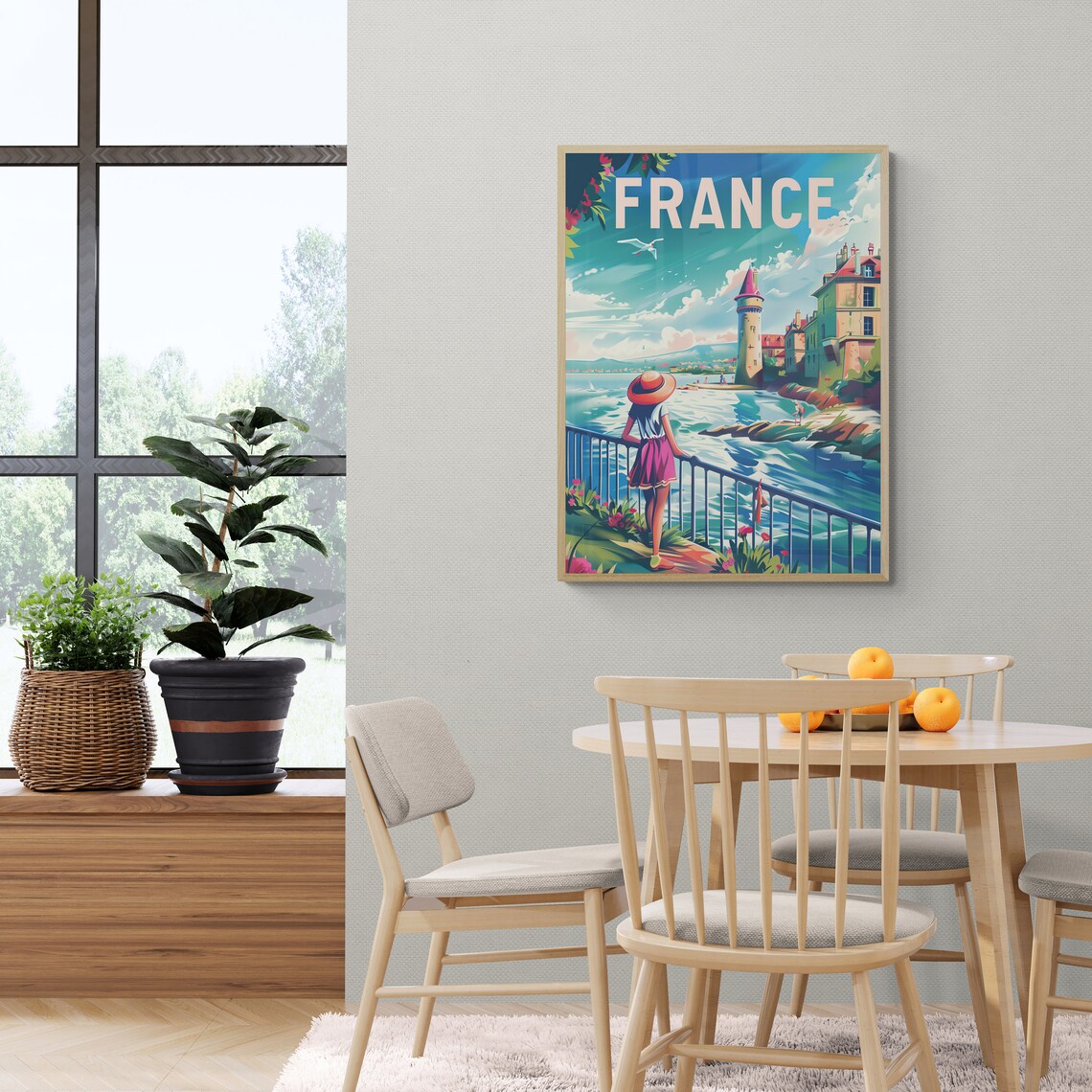France Coastal Lighthouse Cove Girl Retro Travel Wall Poster - Image 2