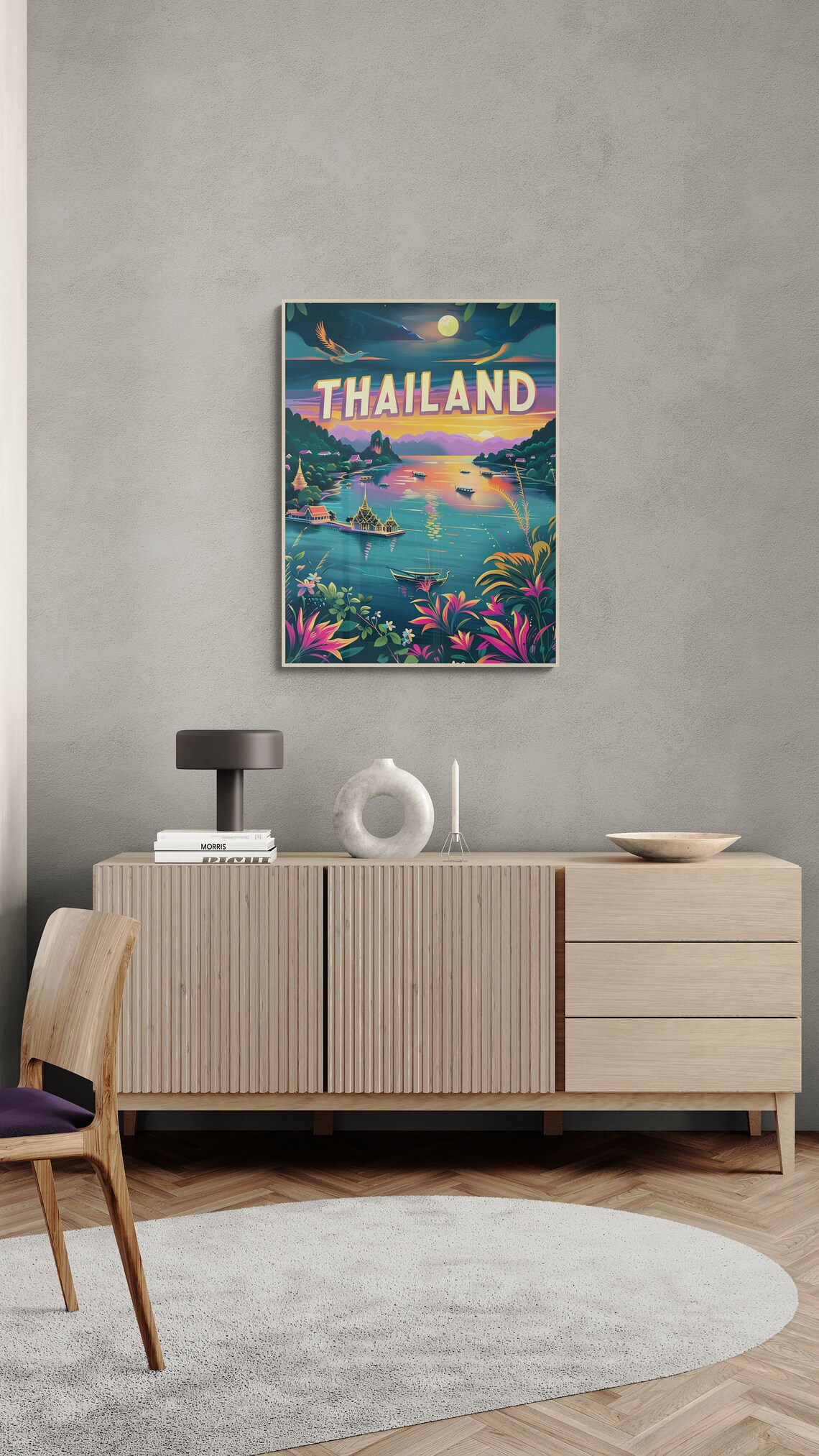 Thailand Tropical Bay Moonrise Longtail Boats Retro Travel Poster