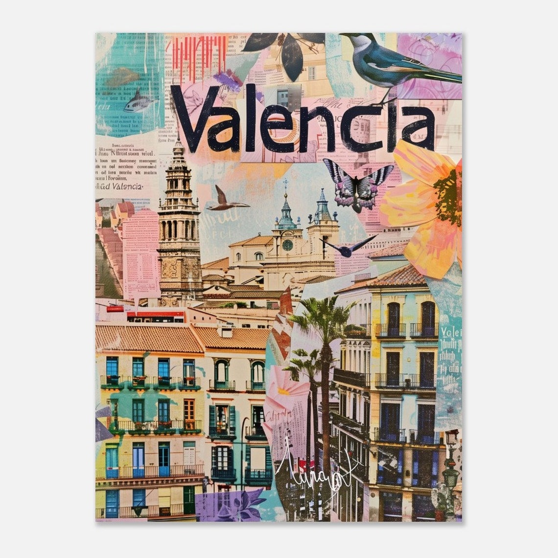 Valencia Old Town Bell Tower Butterfly Flowers Collage Travel Poster - Image 2