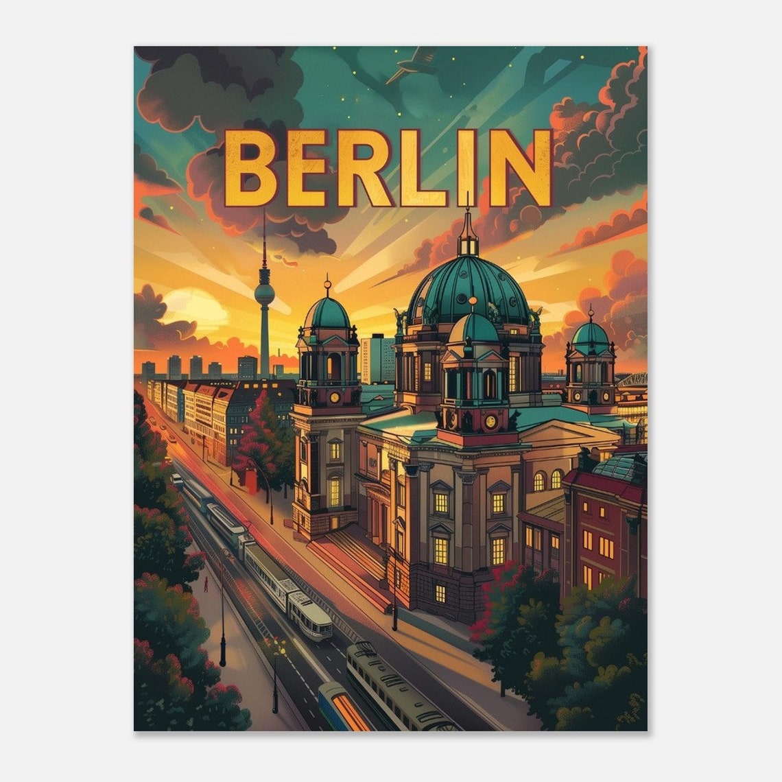 Berlin Cathedral Sunset River Boat Retro Germany Travel Poster - Image 2