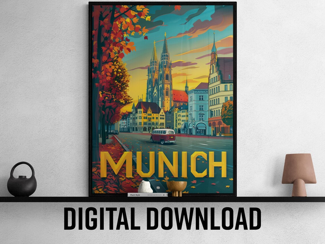 Munich Golden Autumn Street Cathedral Vintage Bus Travel Poster