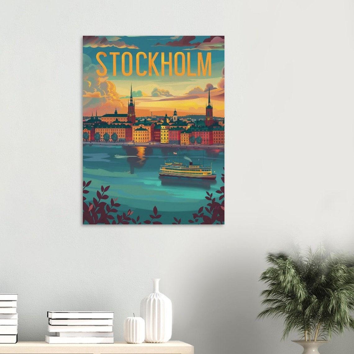 Stockholm Harbor Ferry and Old Town Sunset Vintage Travel Poster