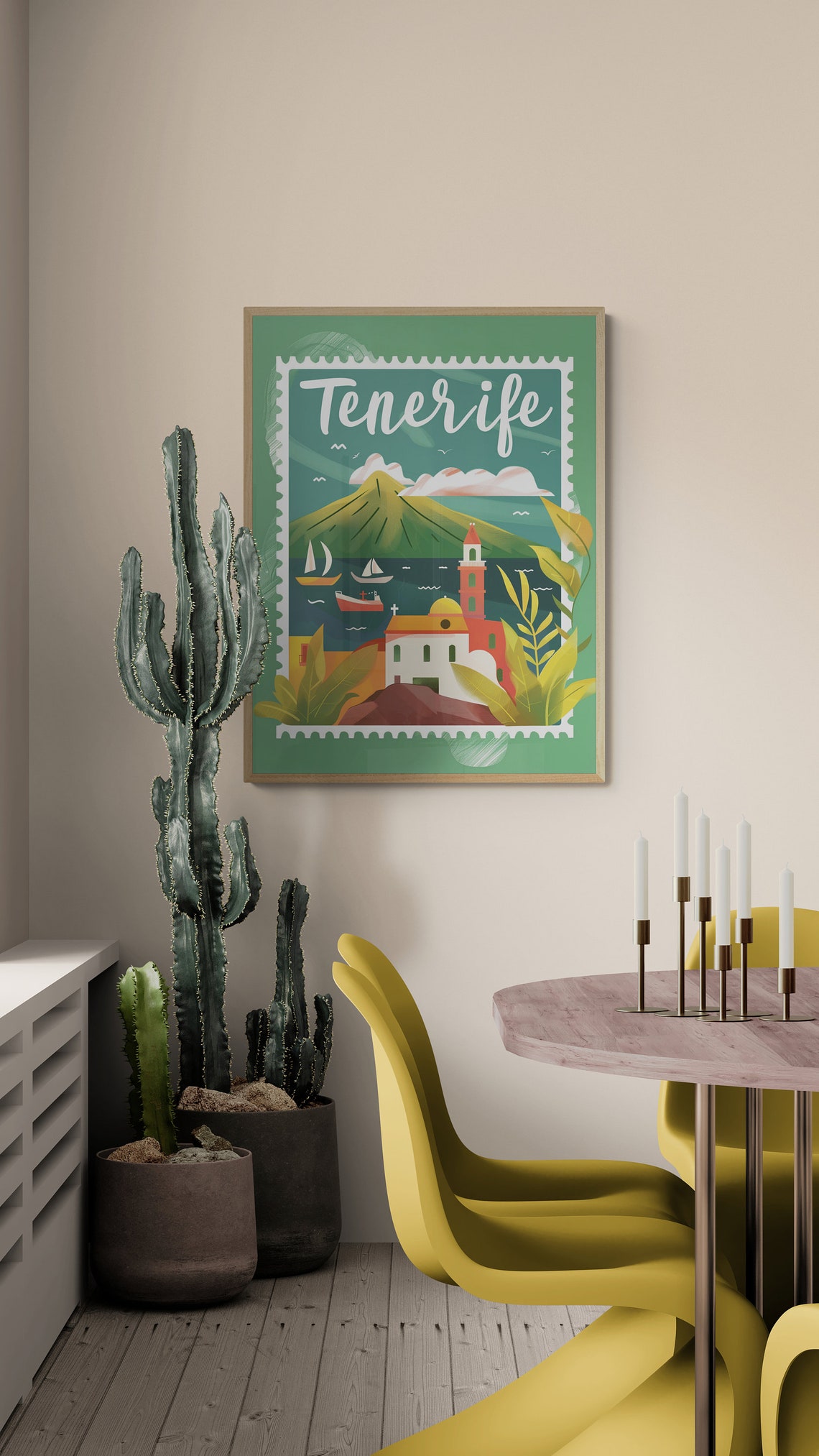 Tenerife Mount Teide Volcano Harbor Boats Stamp Style Travel Poster - Image 4