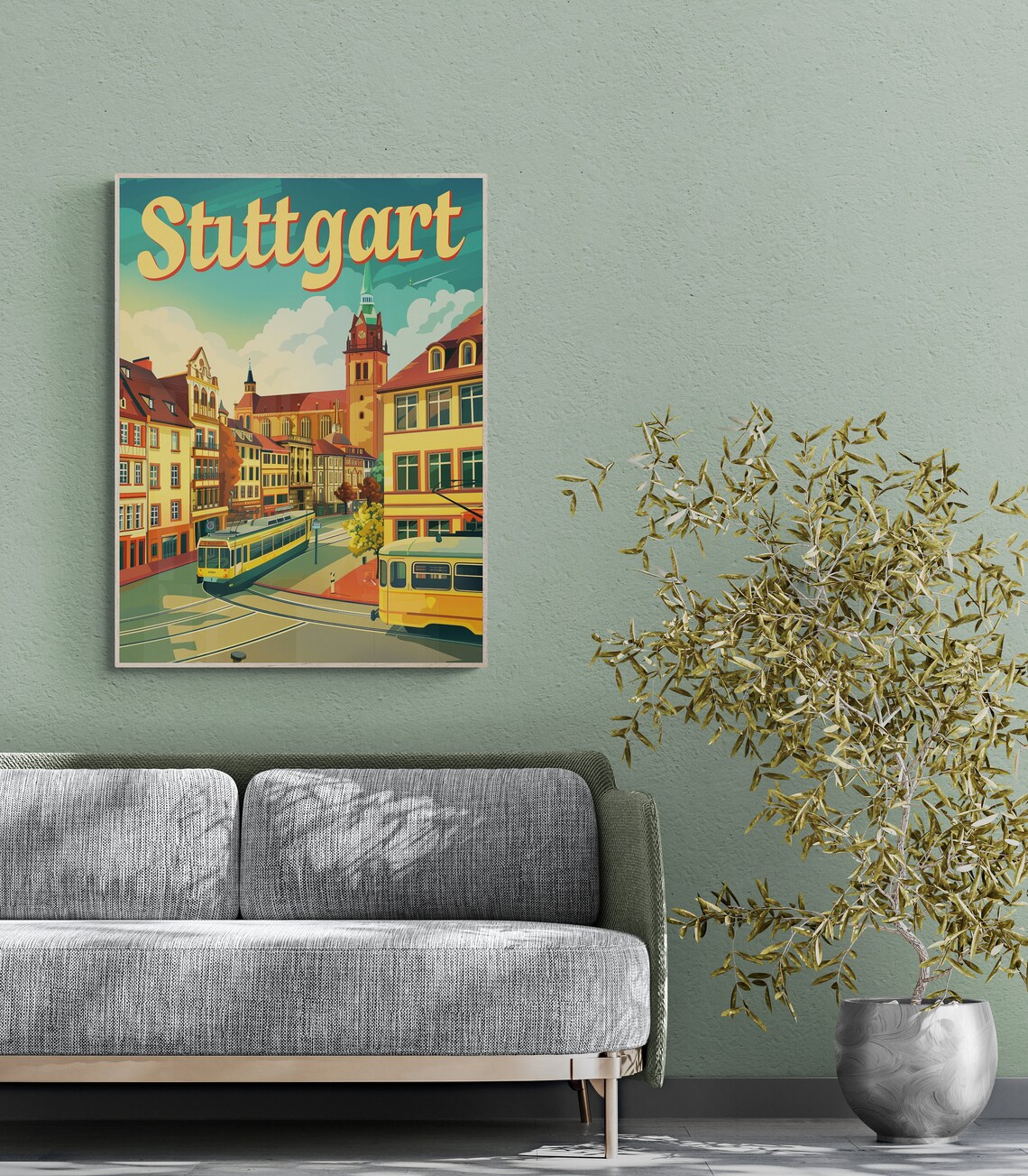 Stuttgart Germany Yellow Tram Church Old Town Vintage Travel Poster - Image 3