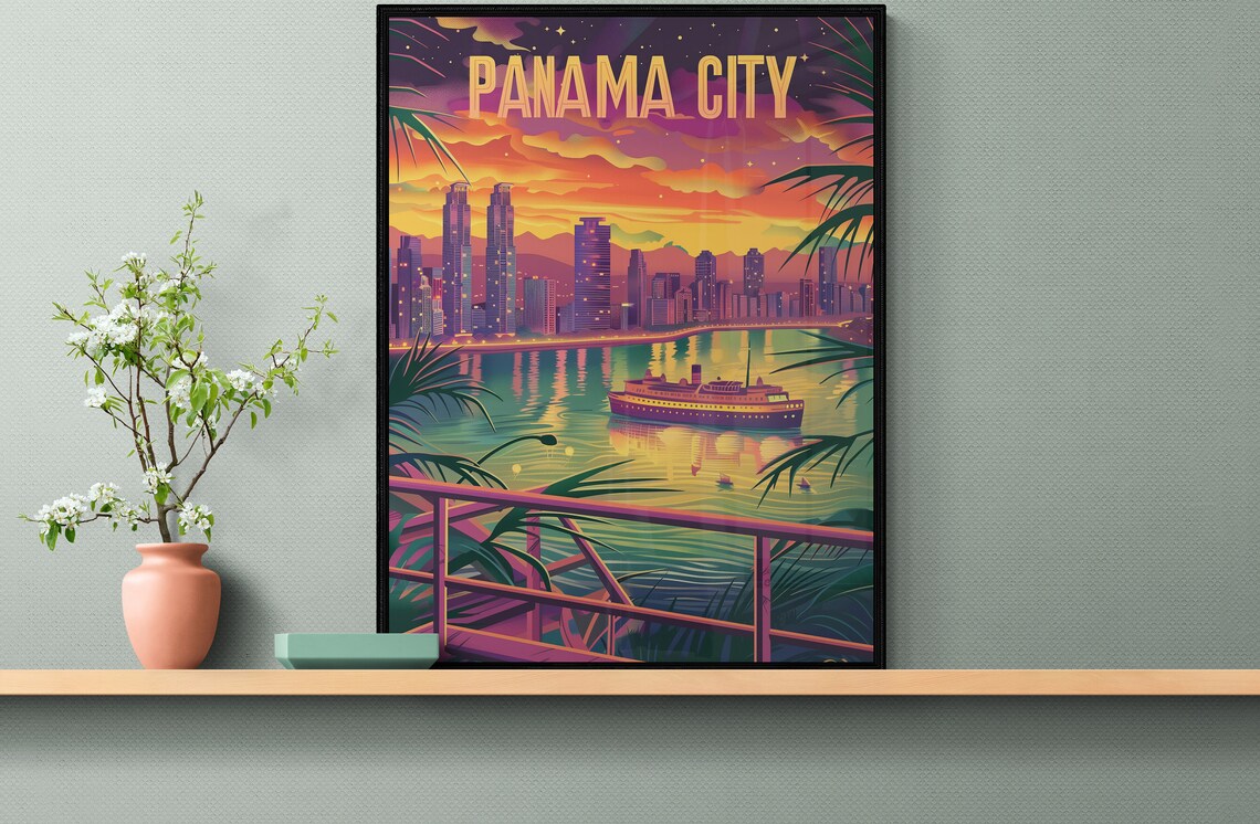 Panama City Night Waterfront Skyline Ferry Palm Stars Travel Poster