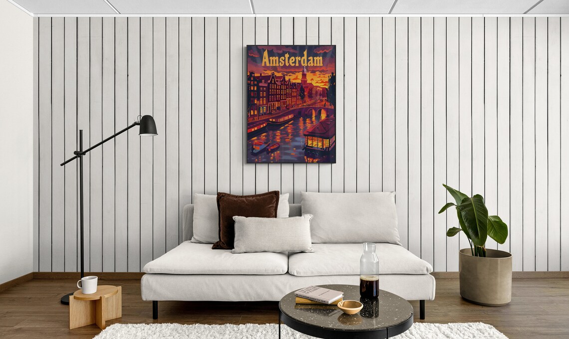 Amsterdam Night Canal Houseboats Bridge Glow Vintage Travel Poster - Image 4