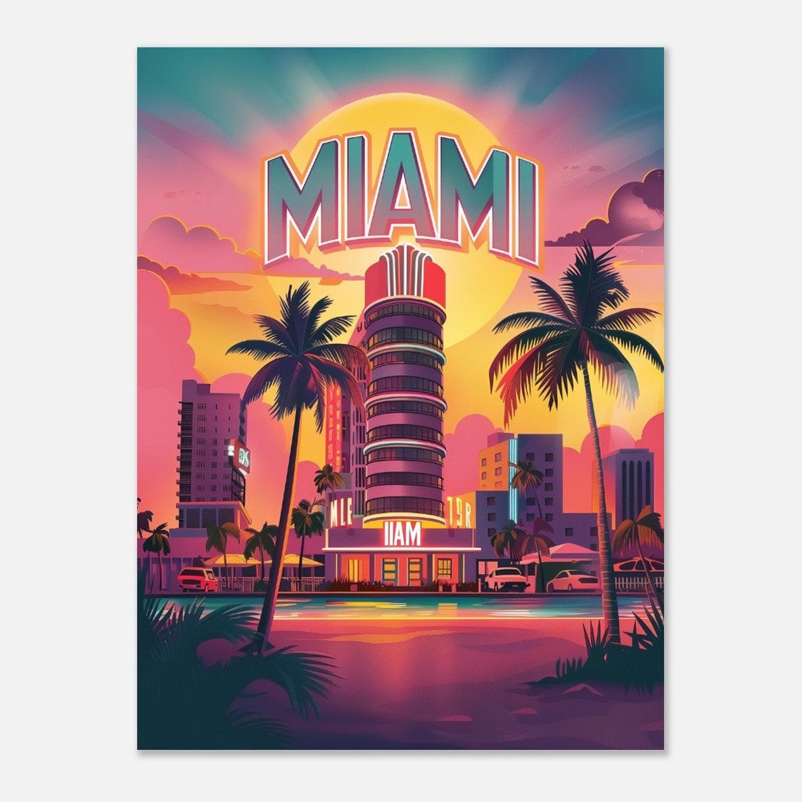 Miami Art Deco Tower Palms Sunset Vintage Florida Poster Art - Image 2