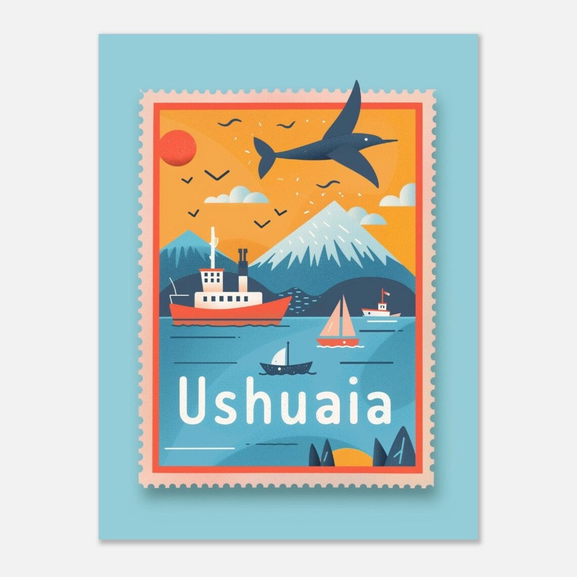 Ushuaia Argentina Ships Mountain Retro Stamp Travel Art Poster - Image 2