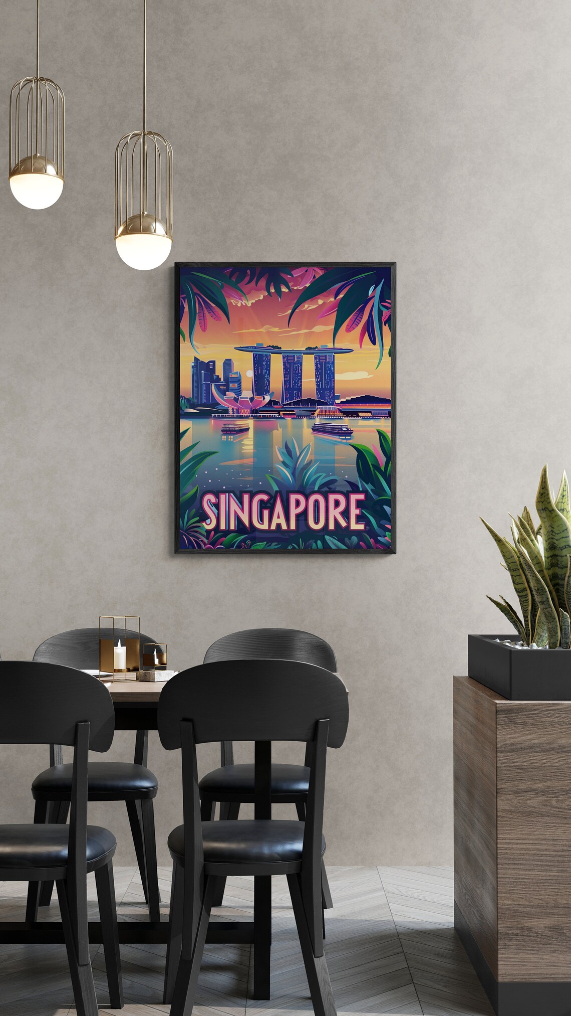 Singapore Marina Bay Tropical Foliage Sunset Travel Poster Art - Image 5