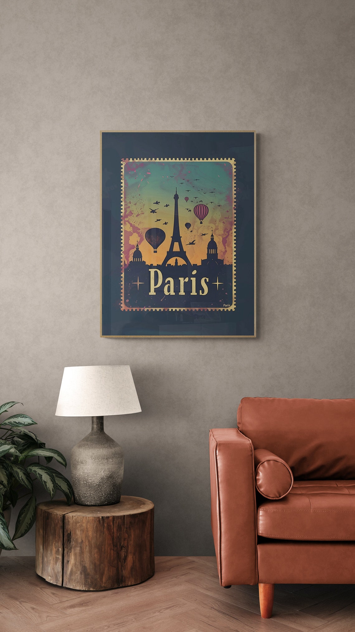 Paris Eiffel Tower Hot Air Balloons Sunset Stamp Style Travel Poster - Image 4