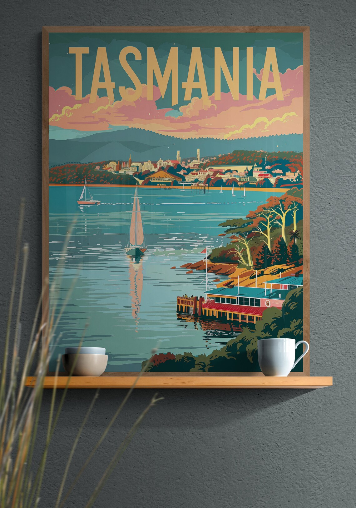 Tasmania Harbor Sailboats and Waterfront Town Vintage Travel Poster