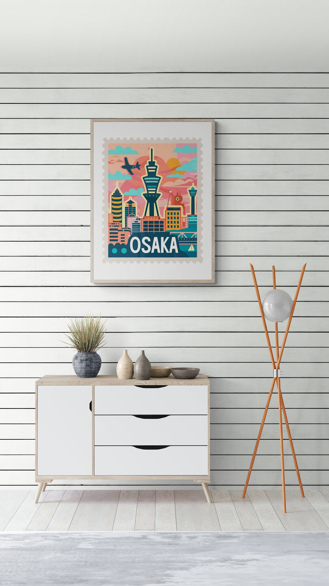 Osaka Japan Modern Tower Airplane Vintage Travel Stamp Poster - Image 3