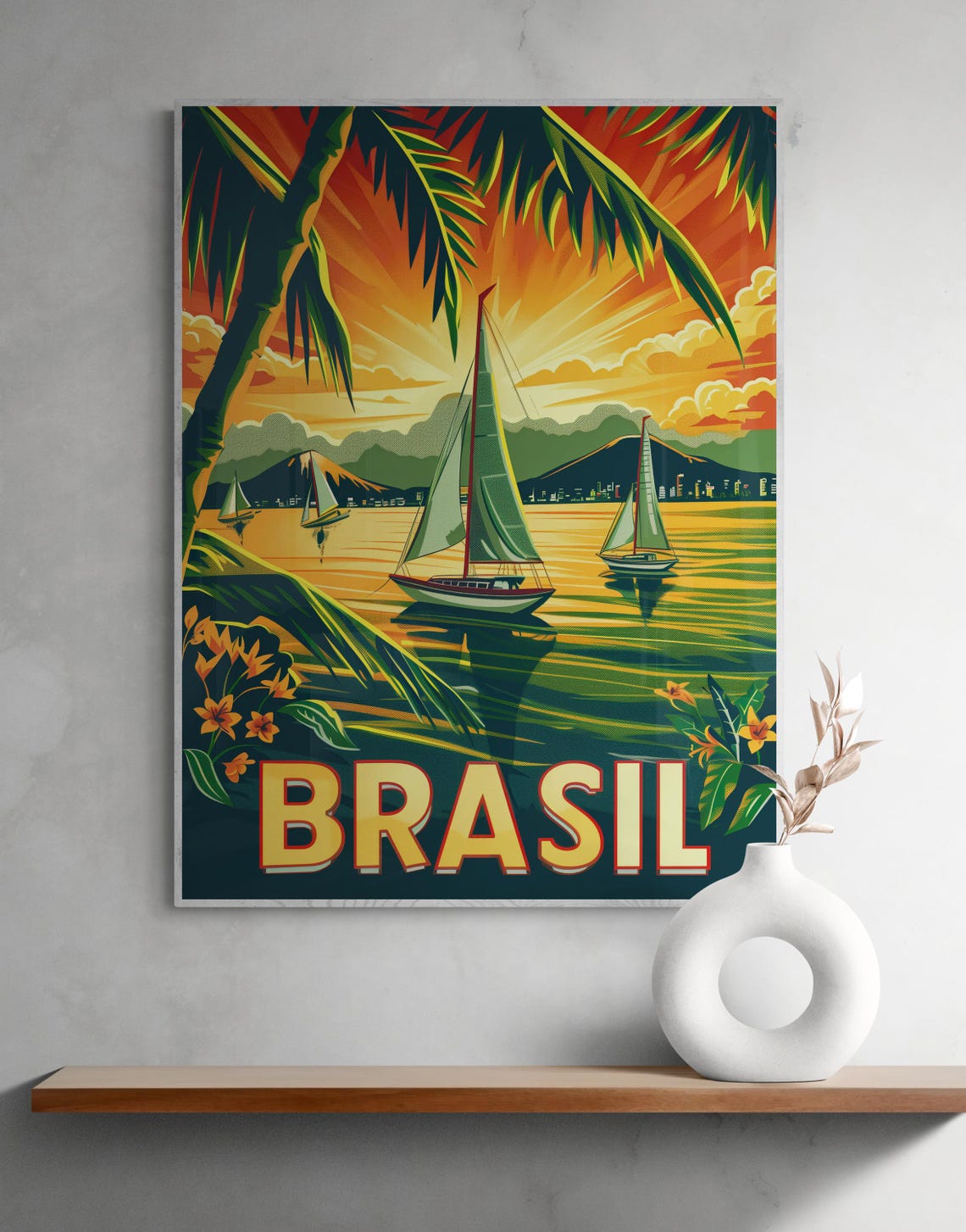 Brasil Tropical Sunset with Sailboats and Palm Trees Travel Poster - Image 2