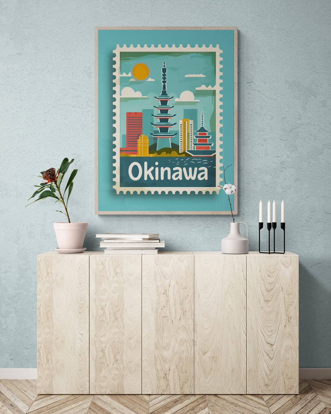Okinawa Japan Pagoda City Skyline Vintage Travel Stamp Poster - Image 3