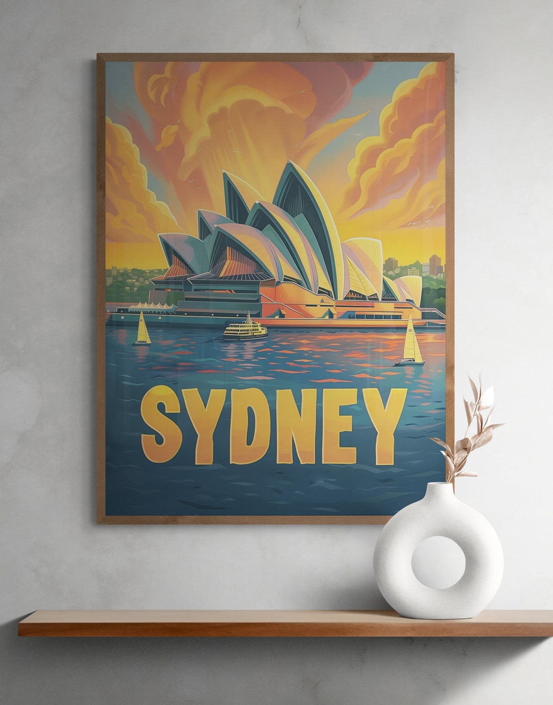 Sydney Opera House Sunset and Harbor Sailboats Vintage Travel Poster