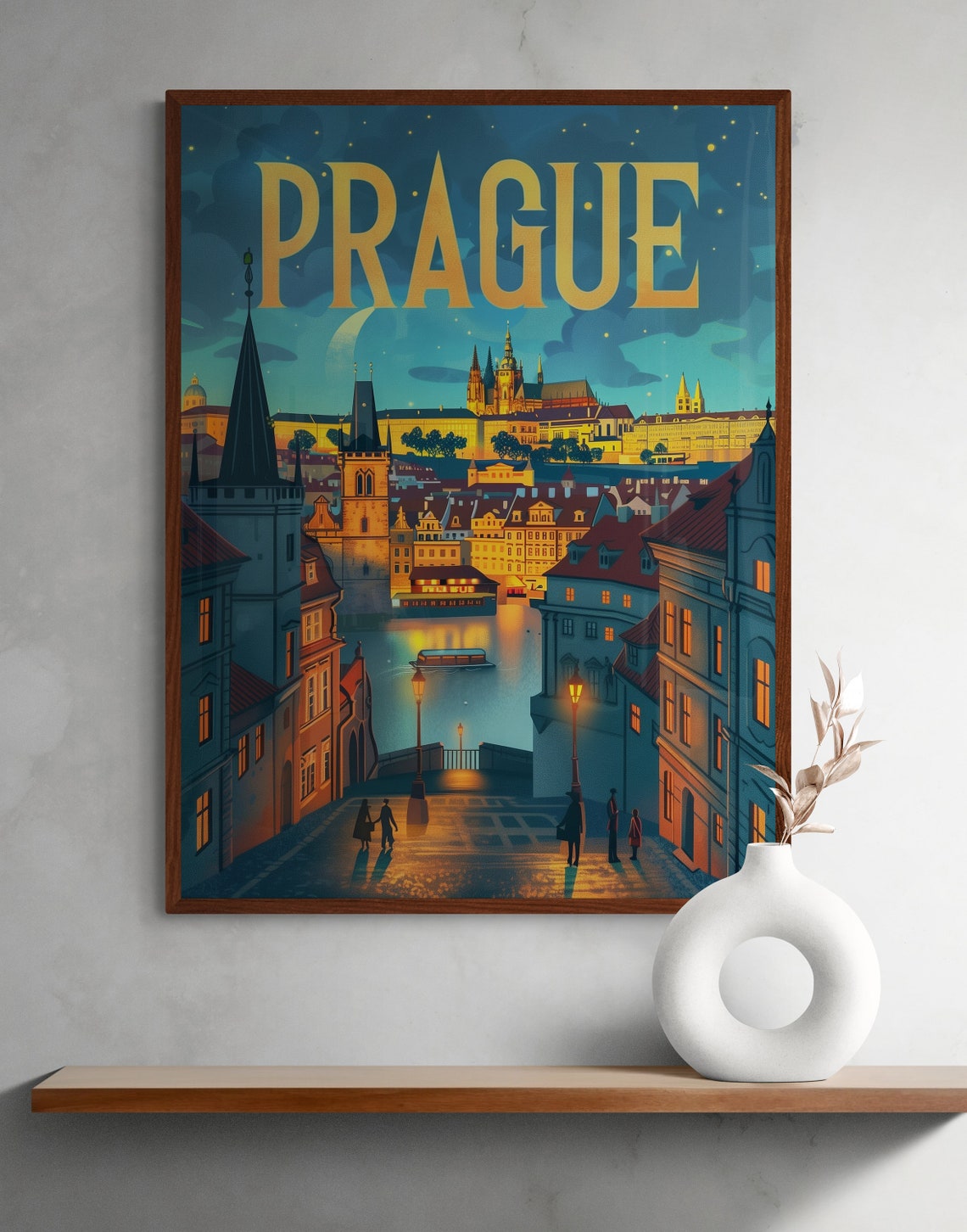 Prague Night River Prague Castle Bridge Lamps Moonlight Travel Poster