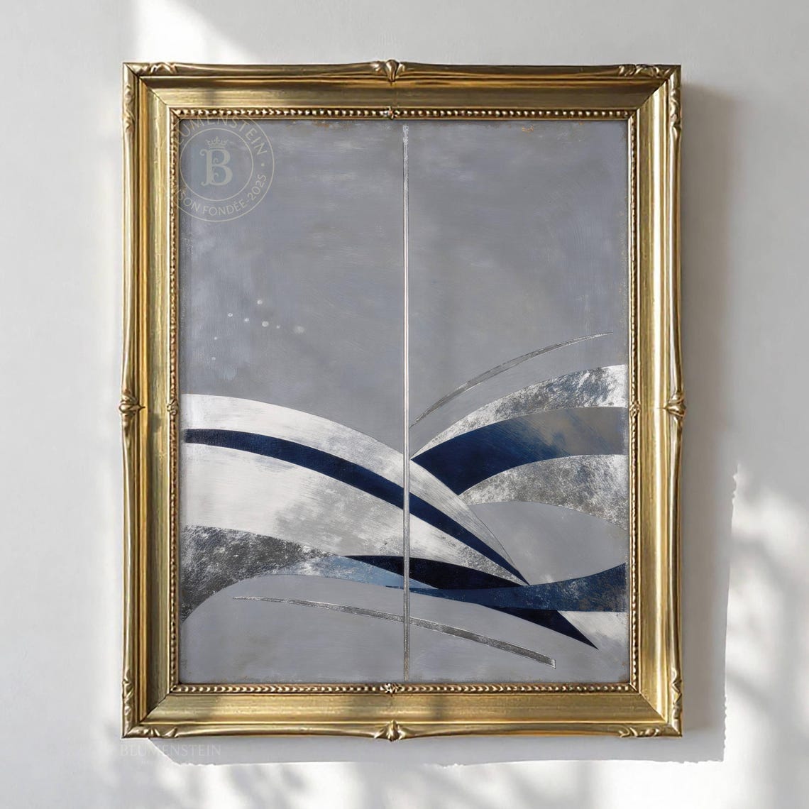 Navy Blue Silver Layered Curves Modern Abstract Style Poster