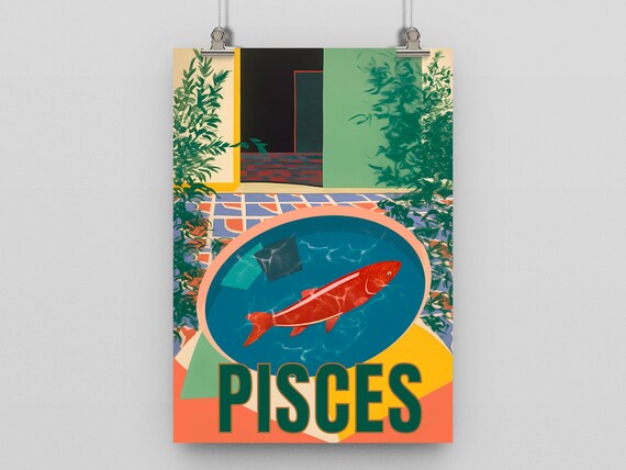 Pisces Poster Print Mid Century Home Decor Modern Art Zodiac Star Sign Bedroom