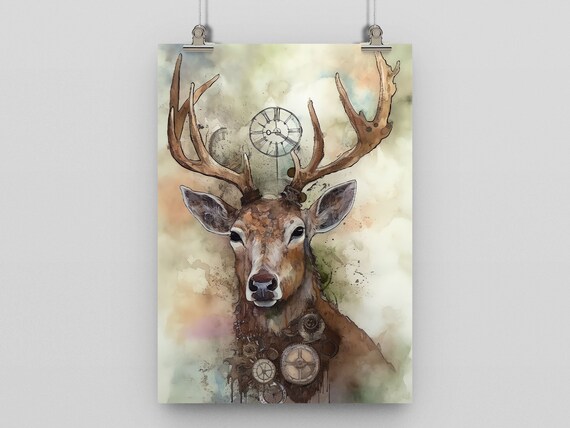 Steampunk Stag Gears Clockwork Antlers Watercolor Deer Art Poster