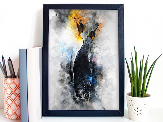Modern Abstract Watercolor Penguin Pair Splash Wildlife Poster