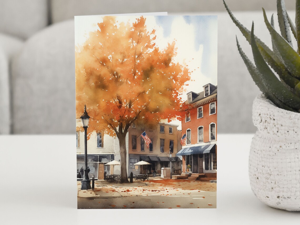 Town With Flags Autumn Scene Small America Watercolour Illustration Birthday Occasion Card