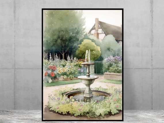 English Country Garden Fountain Countryside Scene Poster Print Home Decor Kitchen
