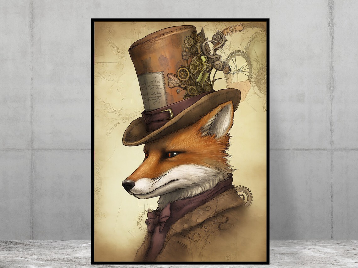 Steampunk Fox Mixed Media Style Art Print