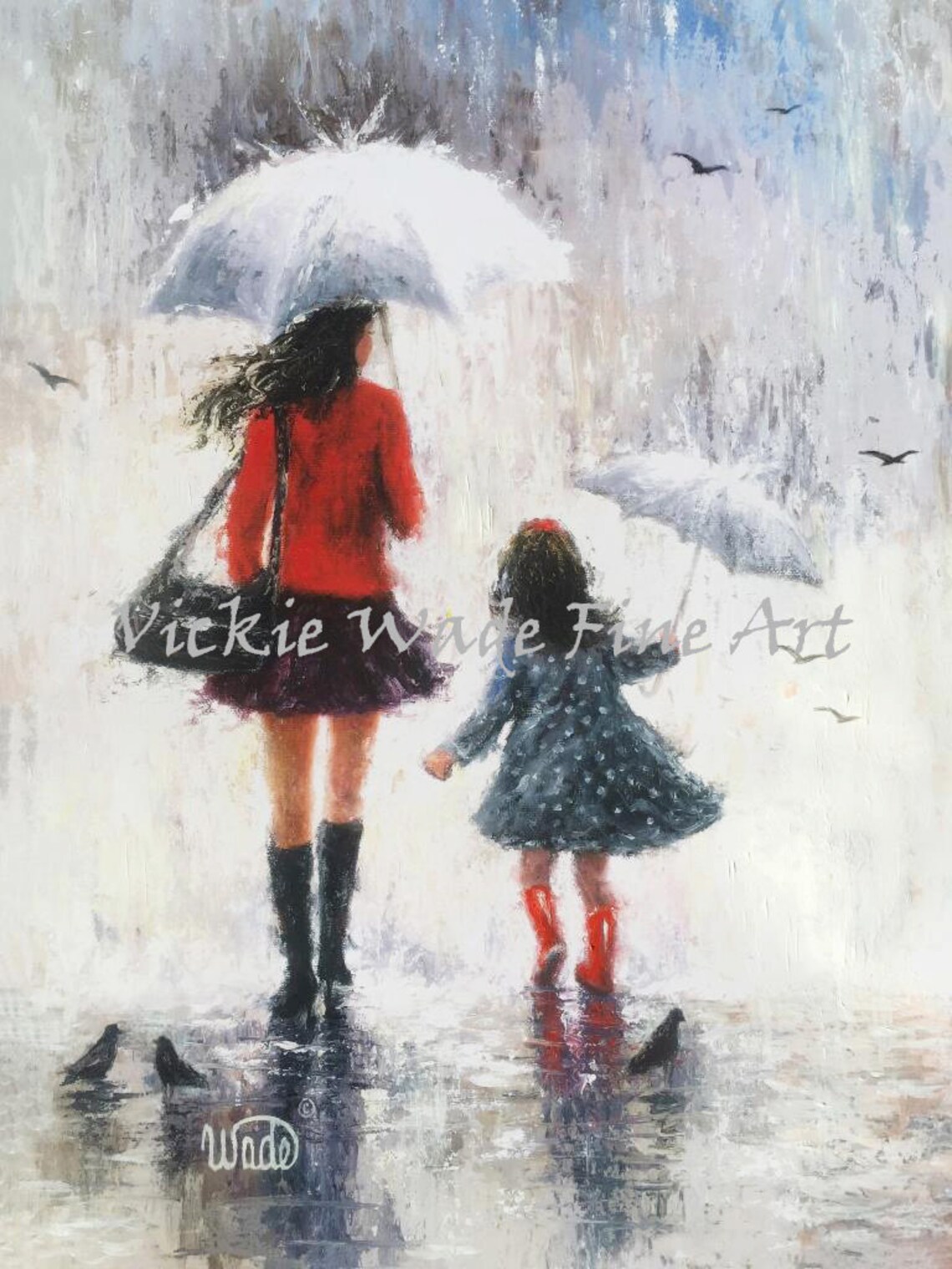 Mother And Daughter Art Print Mothers Day Gift Mother Paintings Umbrellas Mom Daughter Paintings Rain Art Vickie Wade Art