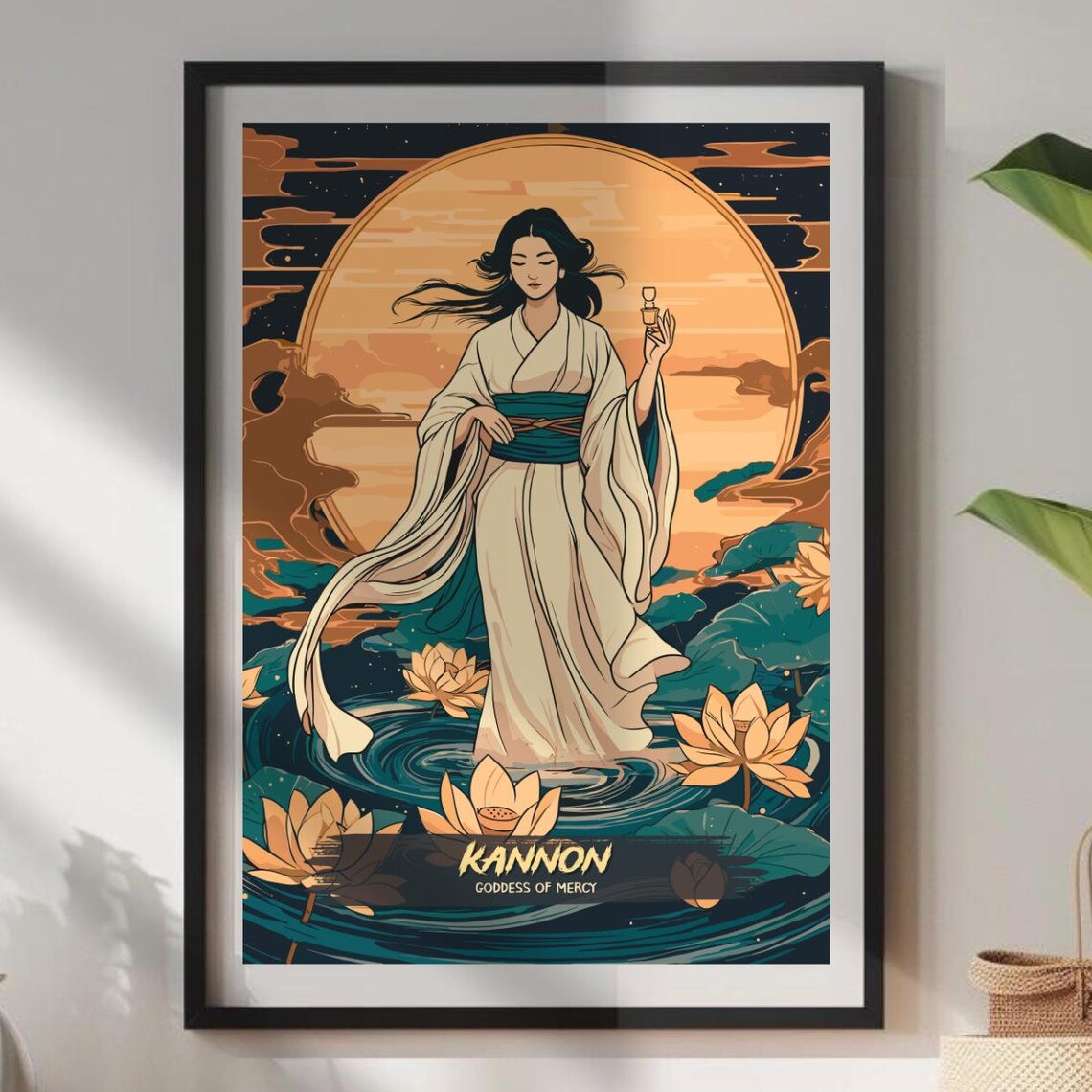 Kannon Japanese Goddess Of Mercy Lotus Flowers Moonlit Art Poster