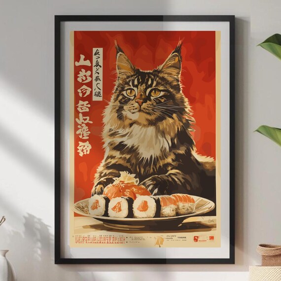 Hungry Cat Sushi Print Japanese Style Poster Funny Wall Art For Kitchen Or Cafe Maine Coon Food Whimsical Lover Gift