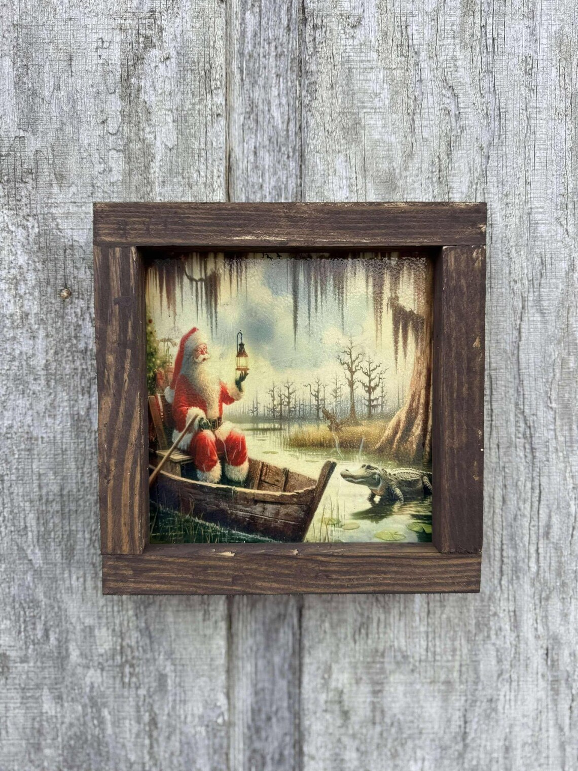 Bayou Santa Cajun Christmas Santa Boat Swamp Alligator Art Poster