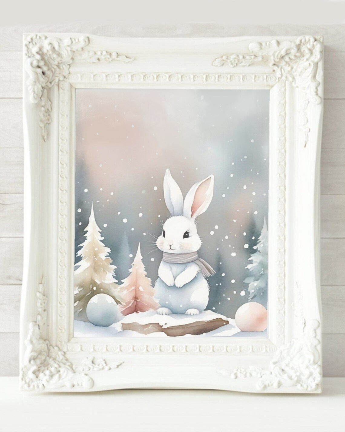White Bunny in Snow Winter Scene Watercolor Christmas Wall Poster - Image 2