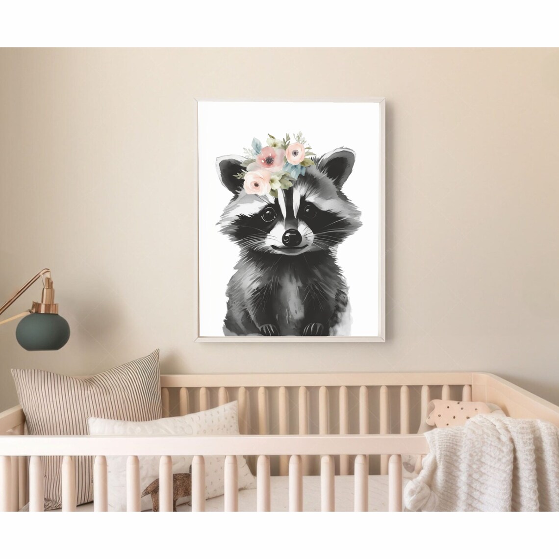 Sweet Baby Raccoon Flower Crown Watercolor Nursery Art Poster - Image 2