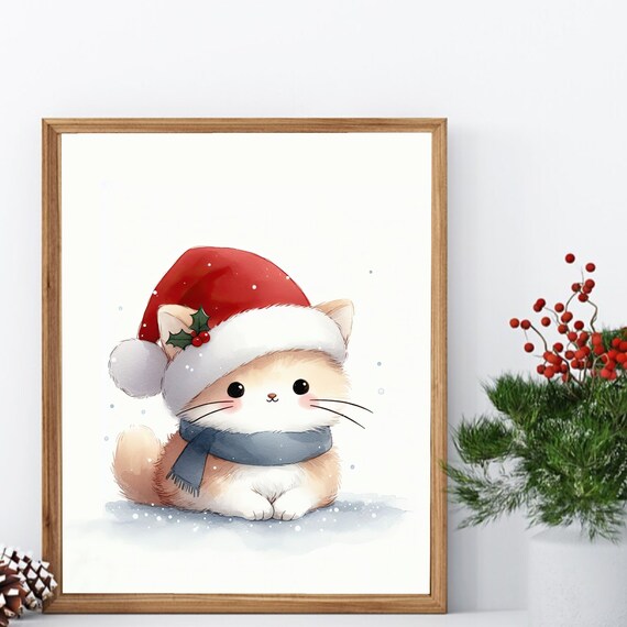 Cat Winter Christmas Decor Winter Home Decor Watercolor Art Wall Art Holiday Print Kids Art Winter Kitty Cute Cat Merry Christmas