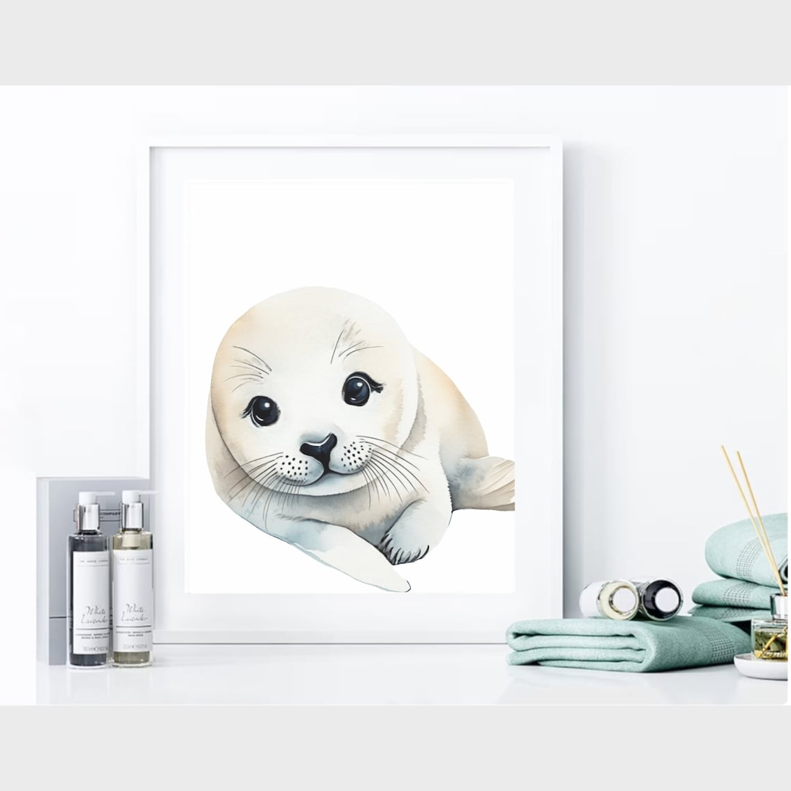 White Baby Seal Pup Watercolor Close-Up Sweet Arctic Nursery Poster - Image 2