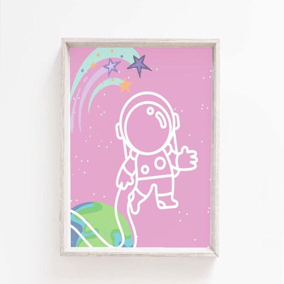 Pink Space Astronaut Stars Pastel Nursery Girls Kids Room Poster
