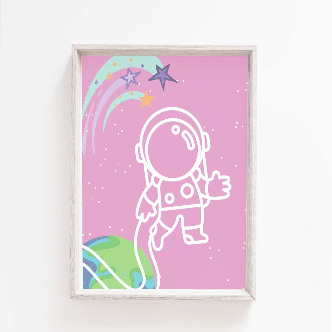 Pink Space Astronaut Stars Pastel Nursery Girls Kids Room Poster