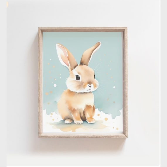 Cute Watercolor Bunny Rabbit Mint Background Gold Dots Nursery Poster