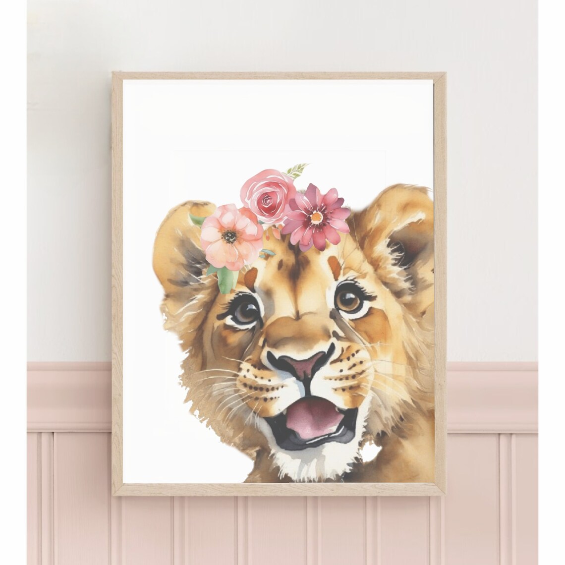 Happy Lion Cub Flower Crown Watercolor Nursery Room Art Poster