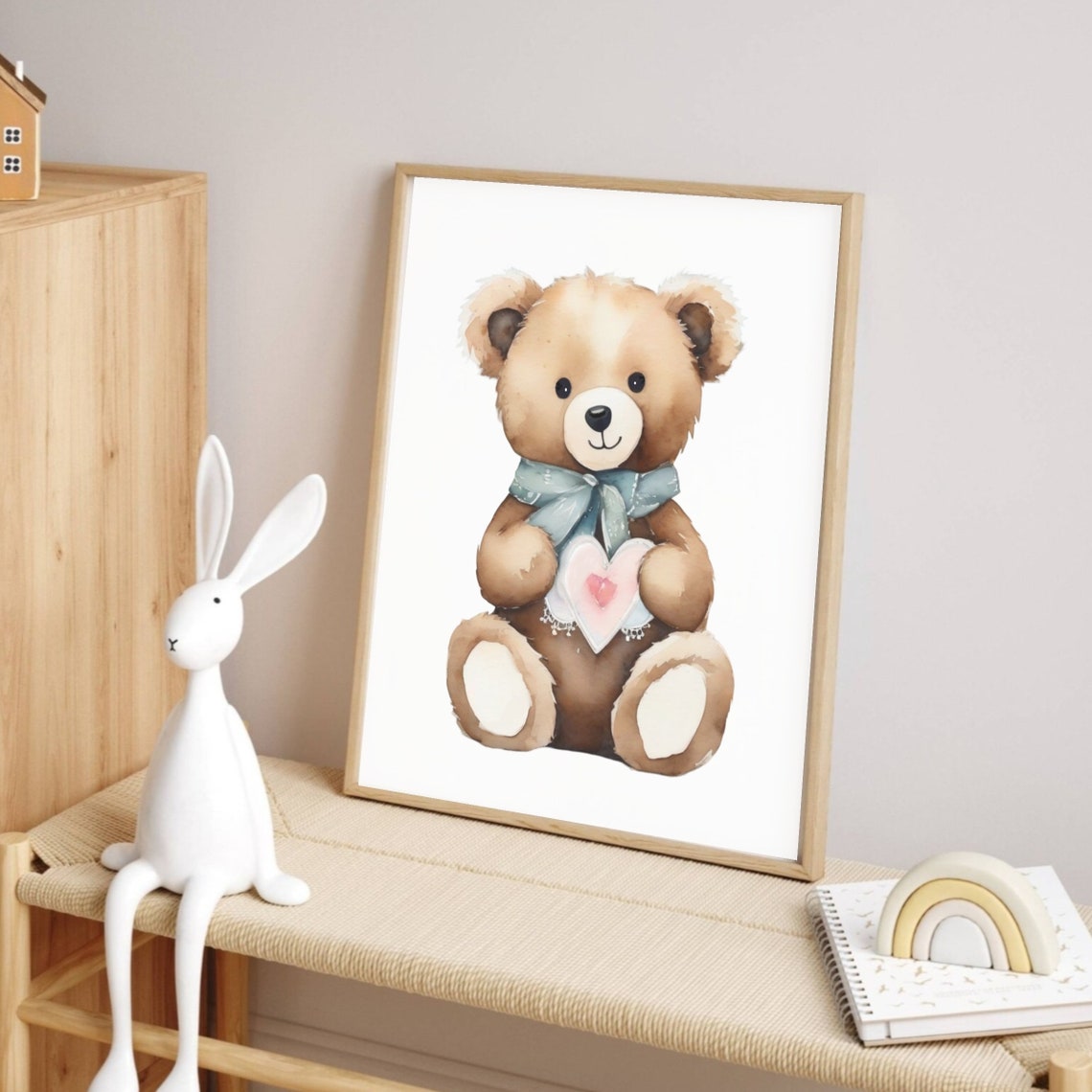 Cute Teddy Bear Blue Bow Pink Heart Watercolor Room Art Poster - Image 2
