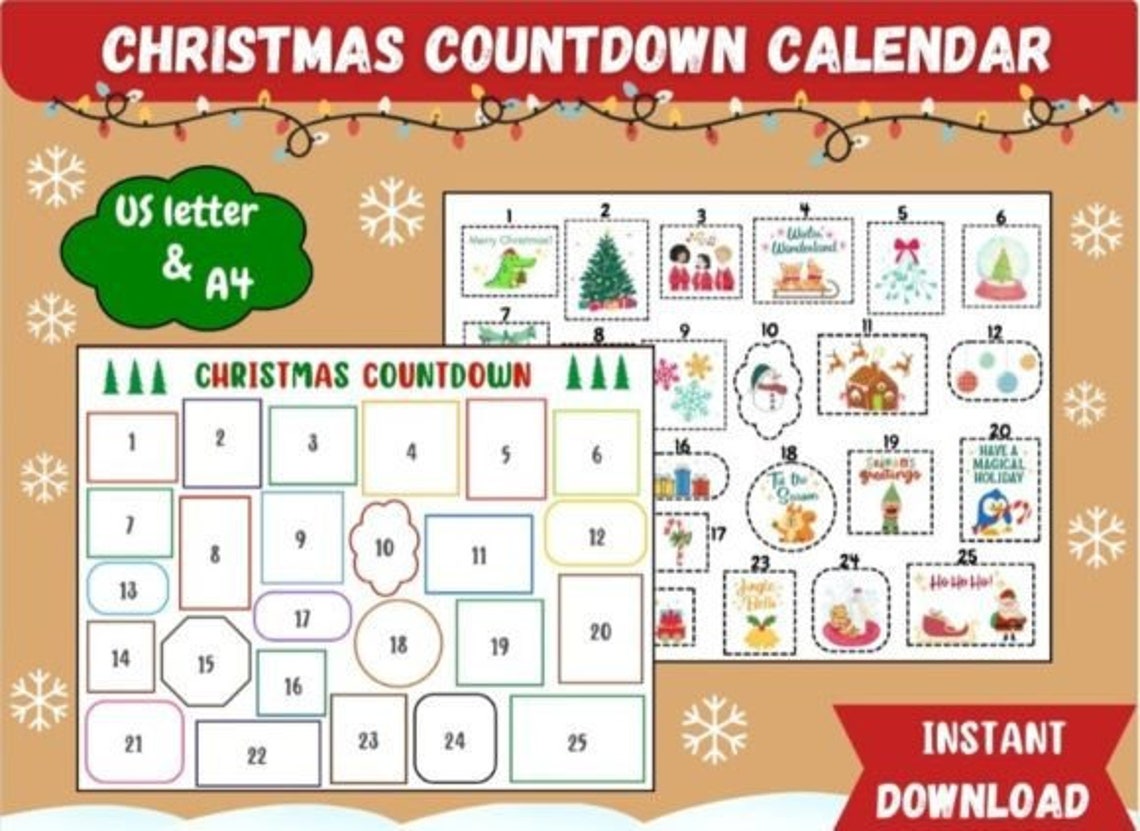 Christmas Countdown Advent Calendar 25 Day Holiday Activity Print