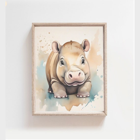 Baby Hippo Wall Art Nursery Wall Decor Watercolor Hippo Painting Baby Animal Print Safari Nursery Art Gender Neutral Wall Art