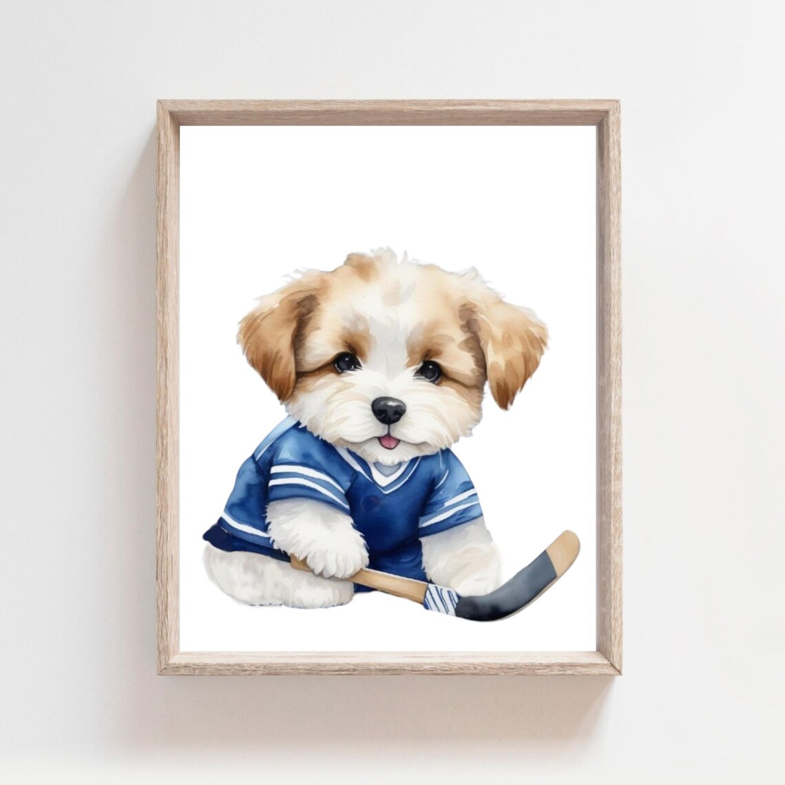 Puppy Hockey Player in Blue Jersey Watercolor Sports Nursery Poster