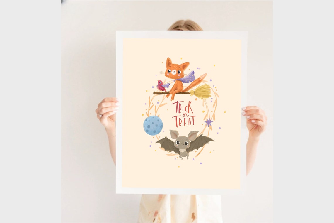 Trick or Treat Fox Broom Bat Owl Cute Kids Halloween Night Poster - Image 2